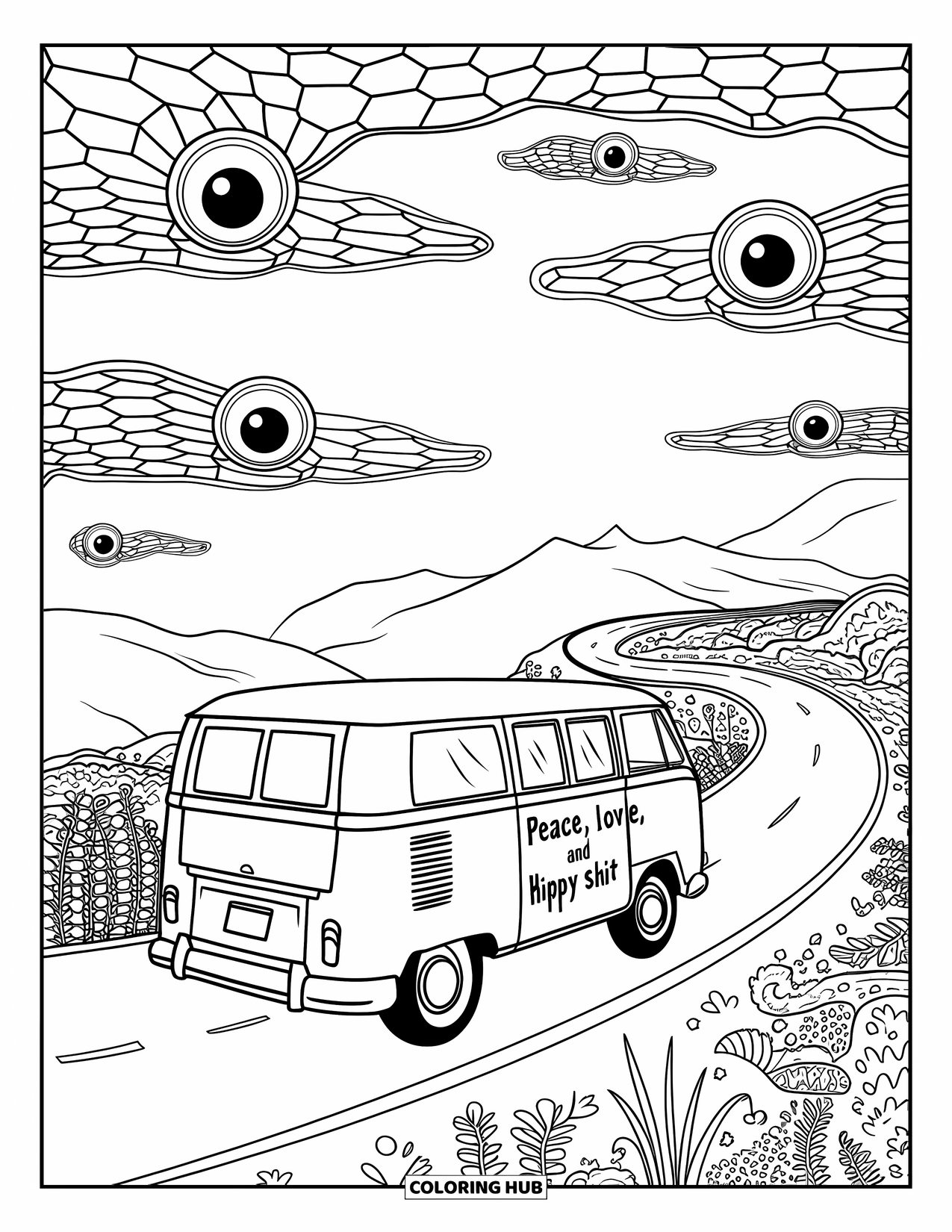 Trippy Stoner Coloring Page for Adults: A van marked "Peace, Love, and Hippy Shit" drives up a spiral road