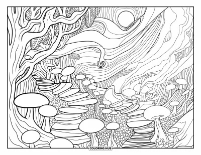 Psychedelische kleurplaat voor volwassenen: Een fantasierijk bos met paddenstoelkrukjes, bruggetjes en een gloeiende bol in de lucht