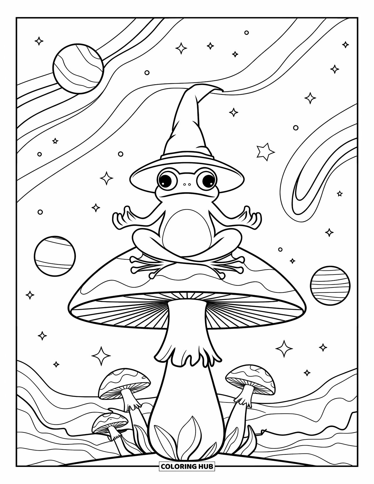 Trippy Stoner Coloring Page for Adults: A wizard frog on a mushroom grows from a planet beneath a starry sky