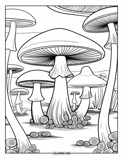Psychedelische kleurplaat voor volwassenen: Reusachtige paddenstoelen met spiraalstelen rijzen op door drijvende kosmische mist