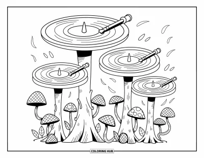 Psychedelische kleurplaat voor volwassenen: Draaiende platenbomentrees vullen het bos met wervelende geluidssporen