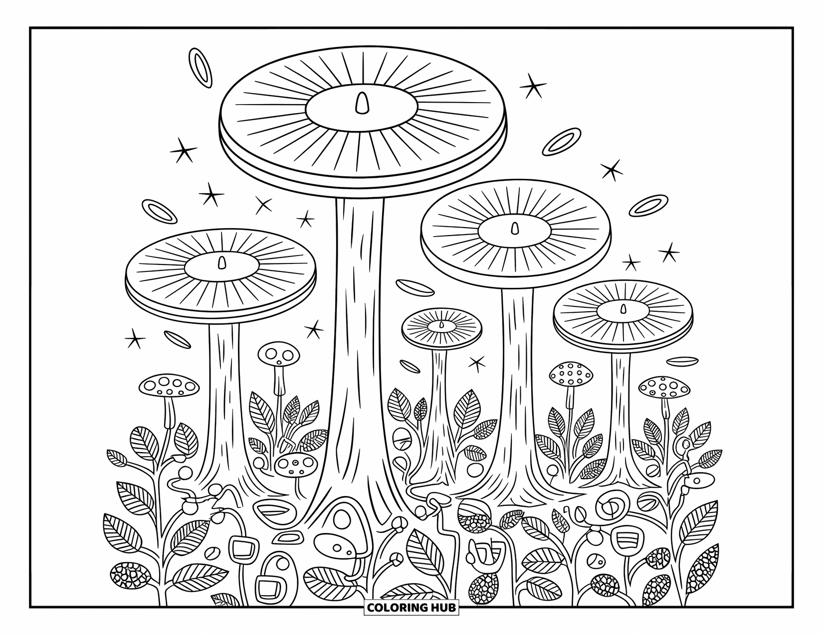 Trippy Stoner Coloring Page for Adults: Trees with vinyl records as tops release soft sound waves into the air