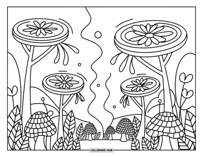 Psychedelische kleurplaat voor volwassenen: Draaitafelbomen en paddenstoelspeakers creëren een fantasierijk geluidslandschap