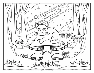 Psychedelische kleurplaat voor kinderen: Een kat ligt op een paddenstoel in een gloeiend melkwegbos