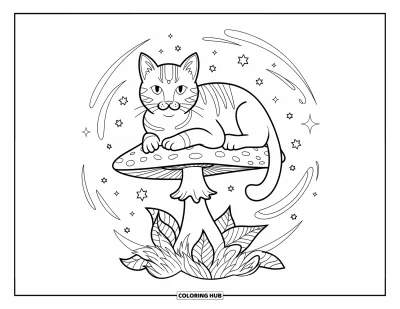 Psychedelische kleurplaat voor kinderen: Een kat ontspant op een paddenstoel onder wervelende melkwegen