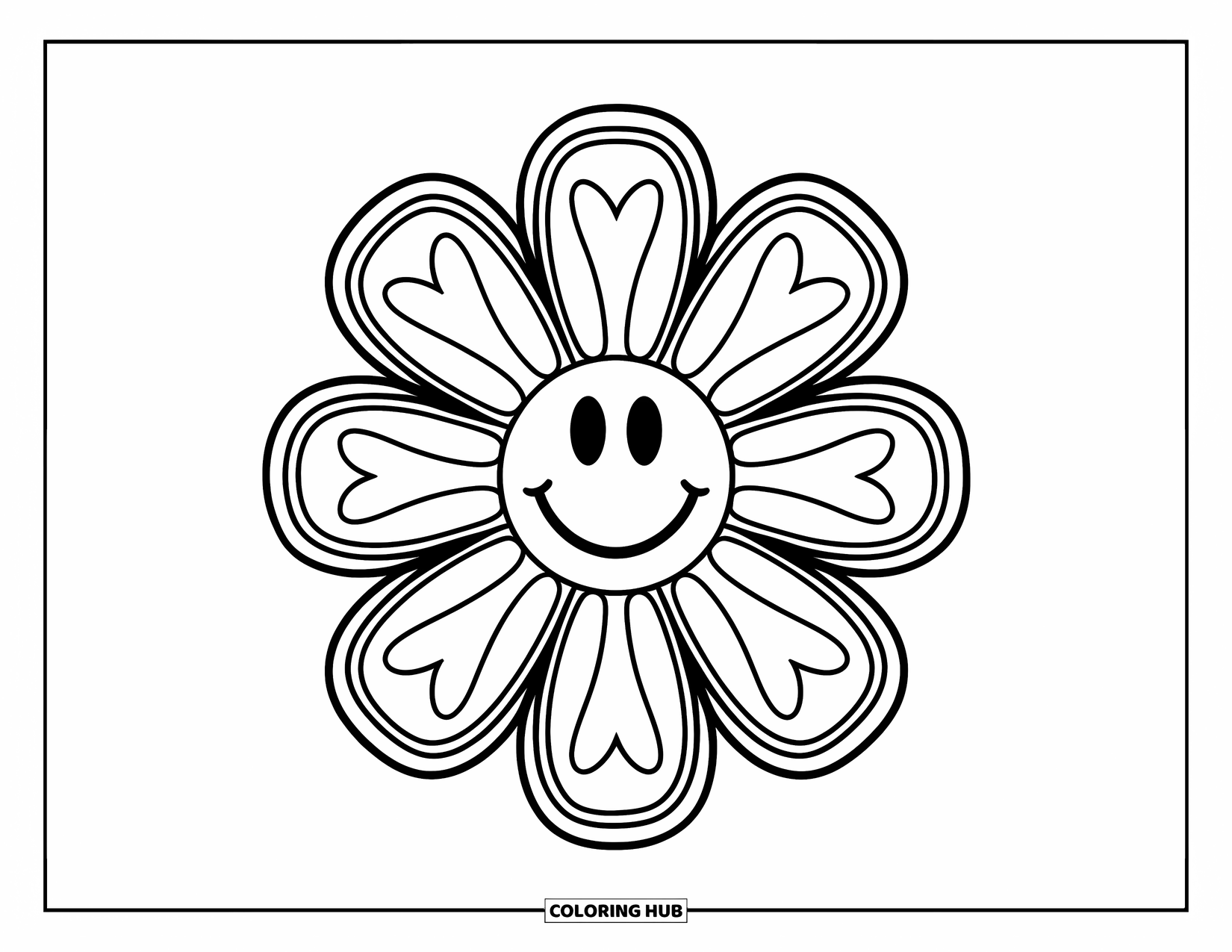Trippy Stoner Coloring Page for Kids: A cheerful flower with a smiley center and heart petals