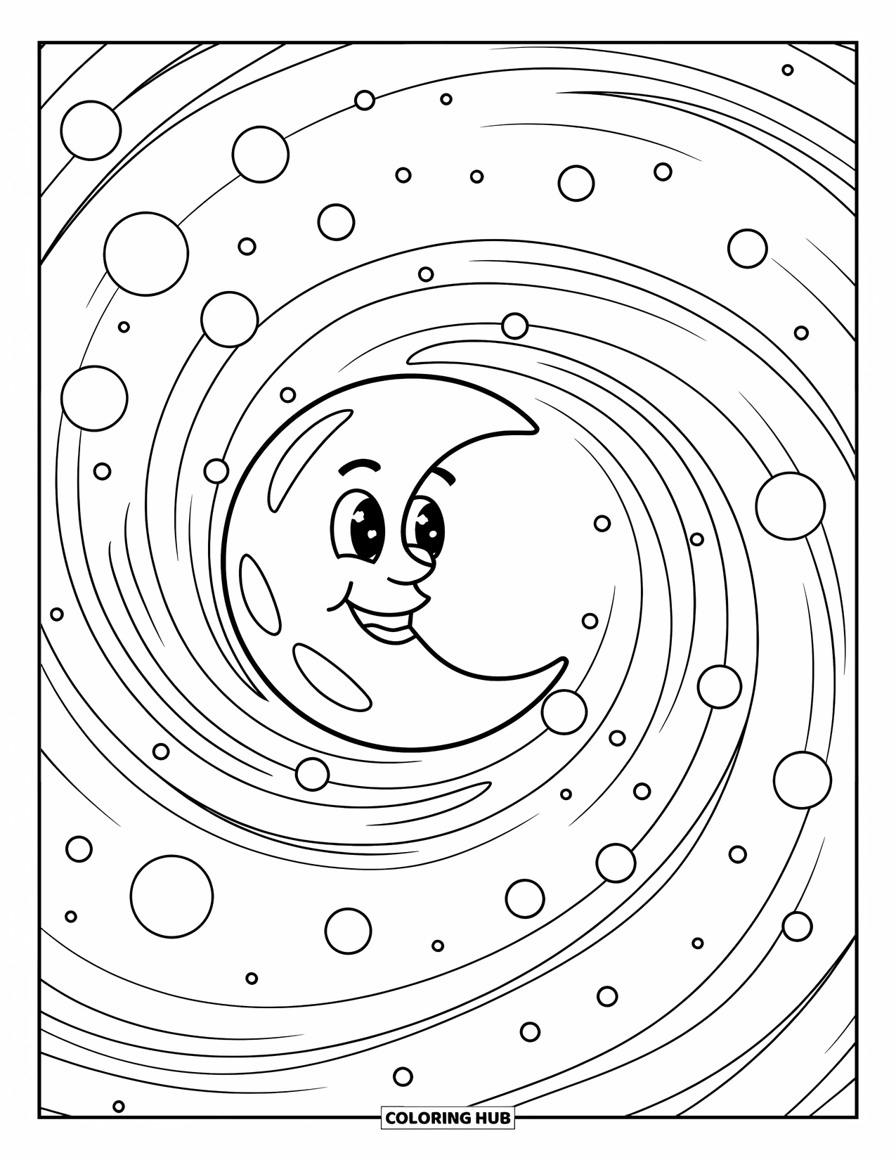 Trippy Stoner Coloring Page for Kids: A cheerful moon glows with swirling lines and dots
