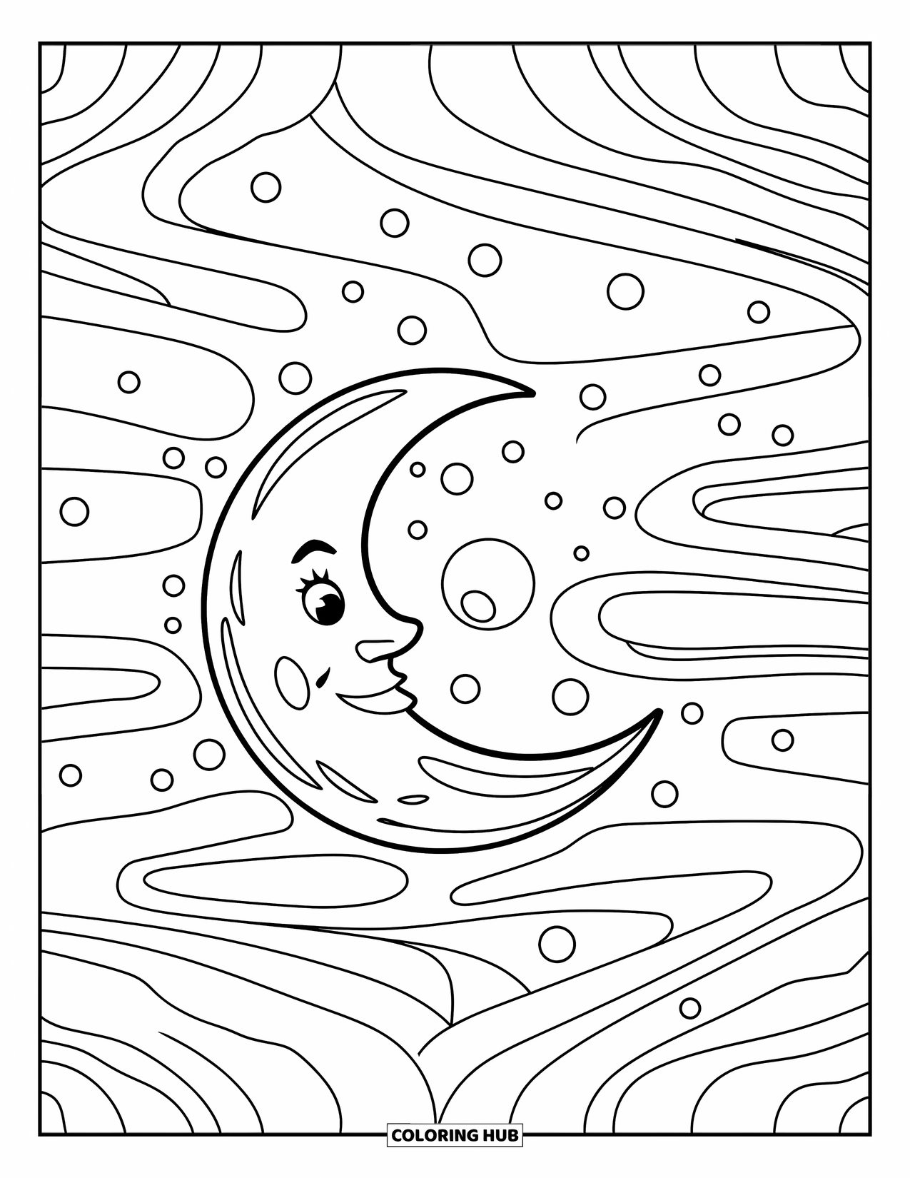 Trippy Stoner Coloring Page for Kids: A cheerful moon surrounded by swirling playful patterns