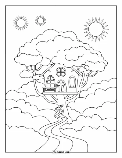 Psychedelische kleurplaat voor kinderen: Een boomhut in de wolken met lichtsporen en stralende zonnen