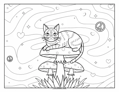 Psychedelische kleurplaat voor kinderen: Een dromerig paddenstoelentafereel met een kat en een wervelende melkweg