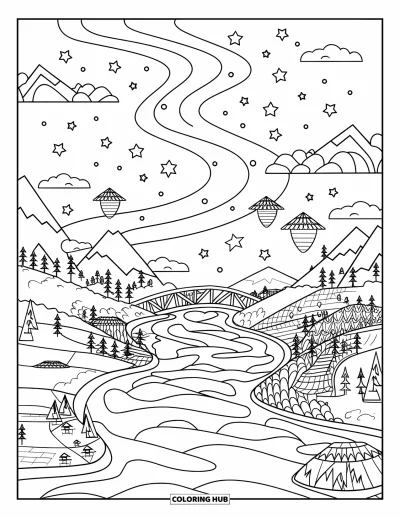 Psychedelische kleurplaat voor kinderen: Een dromerige rivier stroomt langs bergen, bomen en zwevende eilandjes
