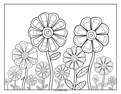 Psychedelische kleurplaat voor kinderen: Een veld van spiraalvormige bloemen bloeit in vrolijke patronen