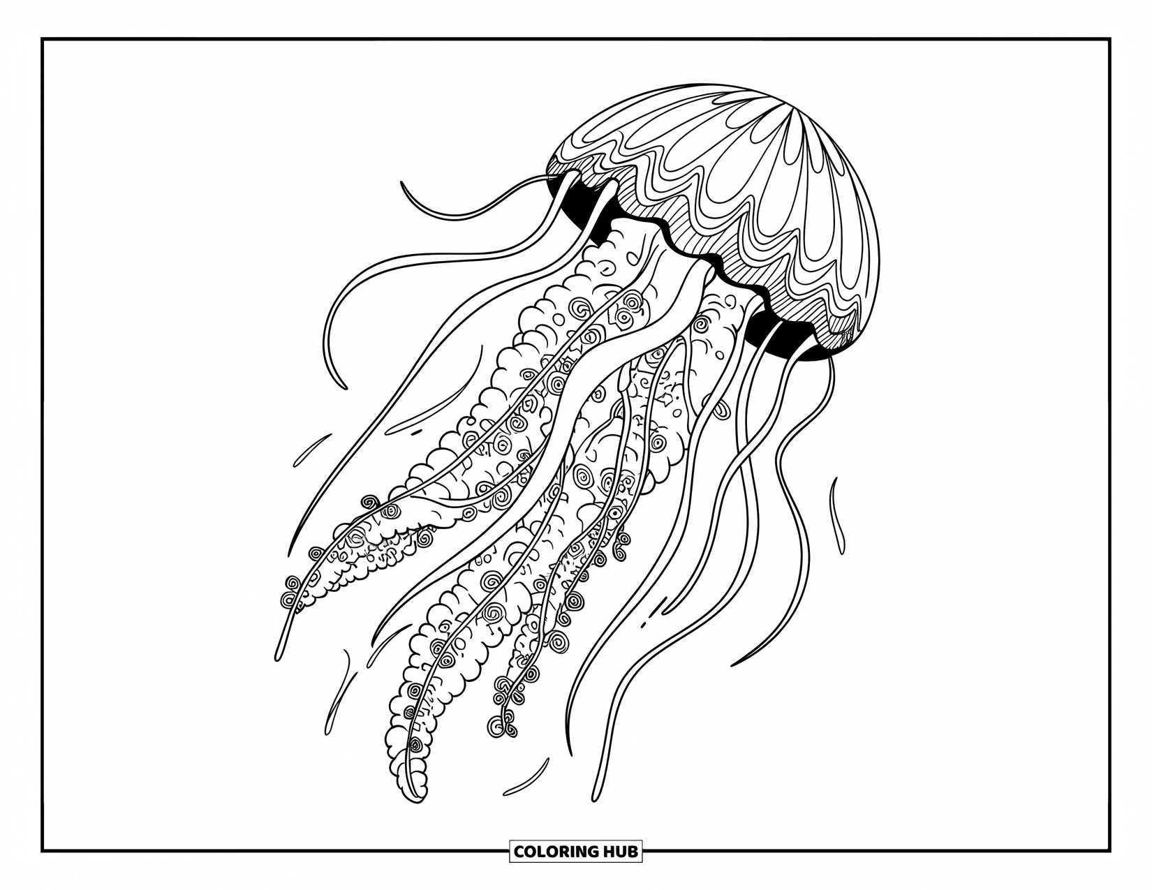 Trippy Stoner Coloring Page for Kids: A floating jellyfish with long swirling tentacles