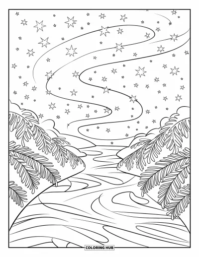 Psychedelische kleurplaat voor kinderen: Een zwevende rivier slingert onder een hemel vol sterren
