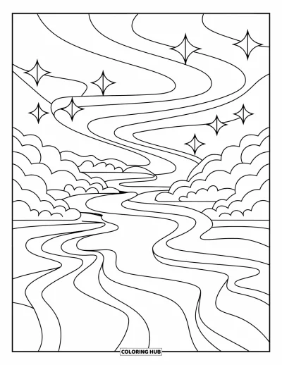 Psychedelische kleurplaat voor kinderen: Een zwevende rivier met sterrige gebogen paden erboven