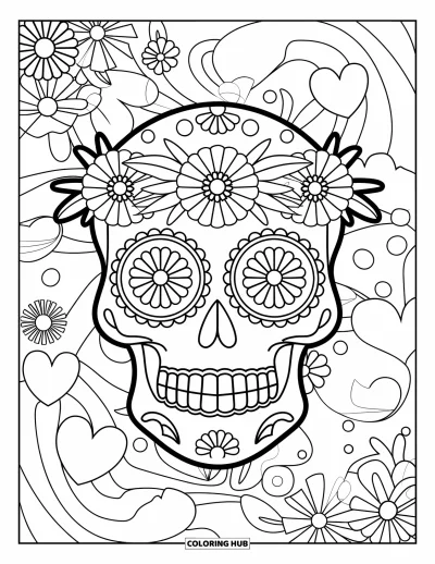 Psychedelische kleurplaat voor kinderen: Een schedel met een bloemenkroon, hartjes en wervelingen