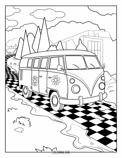 Psychedelische kleurplaat voor kinderen: Een bus met bloemenprint rijdt over een smeltende weg