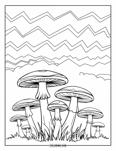 Psychedelische kleurplaat voor kinderen: Een bos van spiraalvormige paddenstoelen onder zigzagwolken