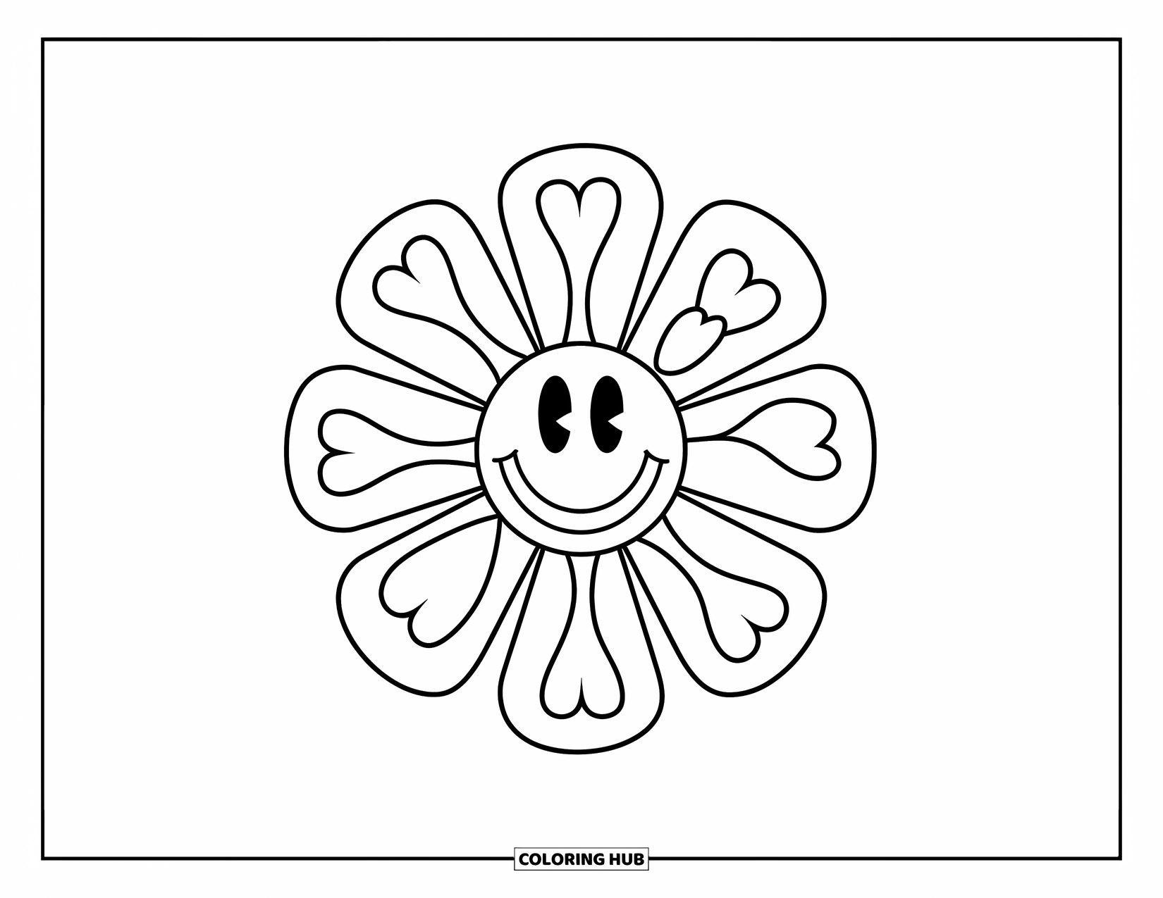 Trippy Stoner Coloring Page for Kids: A happy flower with big heart petals and a smile