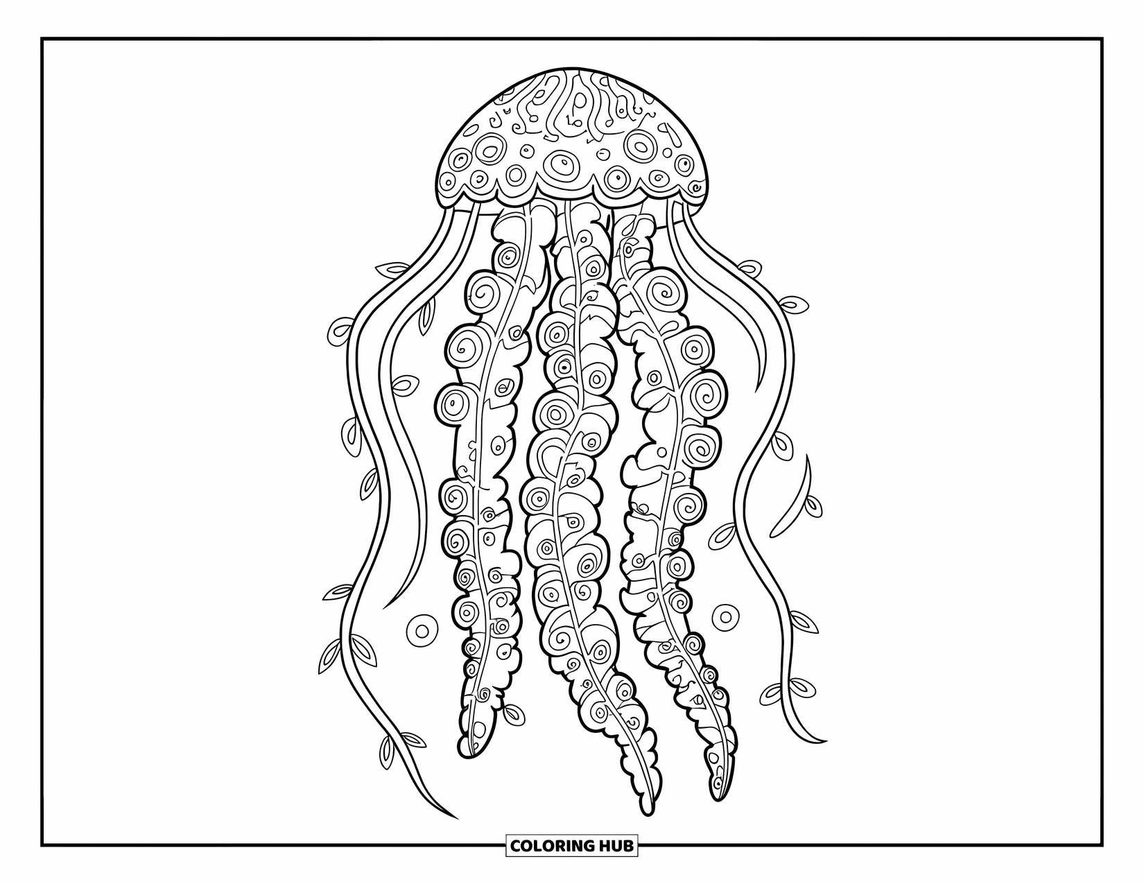 Trippy Stoner Coloring Page for Kids: A jellyfish with vines and spirals flowing from its tentacles