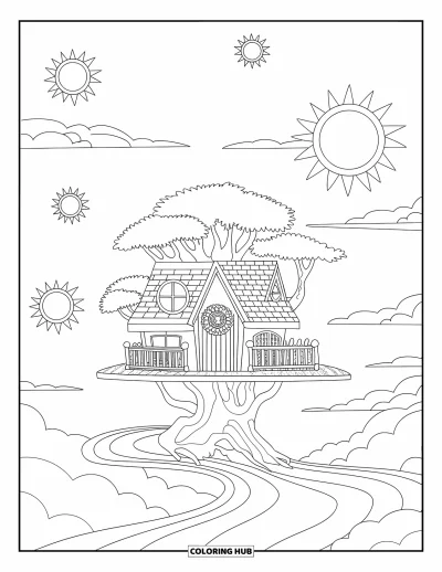 Psychedelische kleurplaat voor kinderen: Een speelse boomhut tussen wolken en stralende zonnen