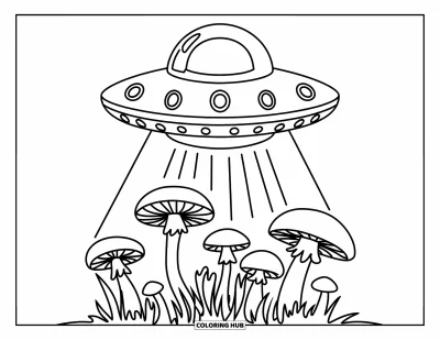 Psychedelische kleurplaat voor kinderen: Een vrolijk UFO zweeft boven pluizige paddenstoelen