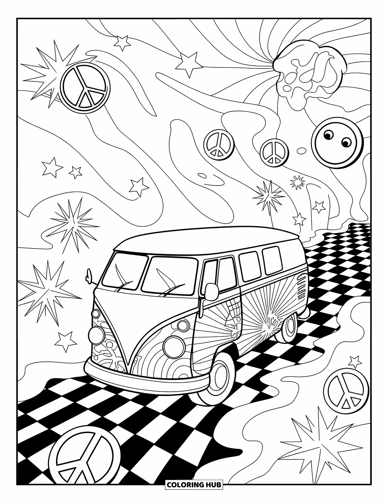 Trippy Stoner Coloring Page for Kids: A psychedelic van drives on a melting checkerboard road