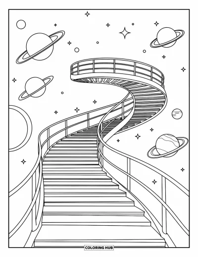 Psychedelische kleurplaat voor kinderen: Een stralende trap rijst op langs planeten en een sterrenhemel