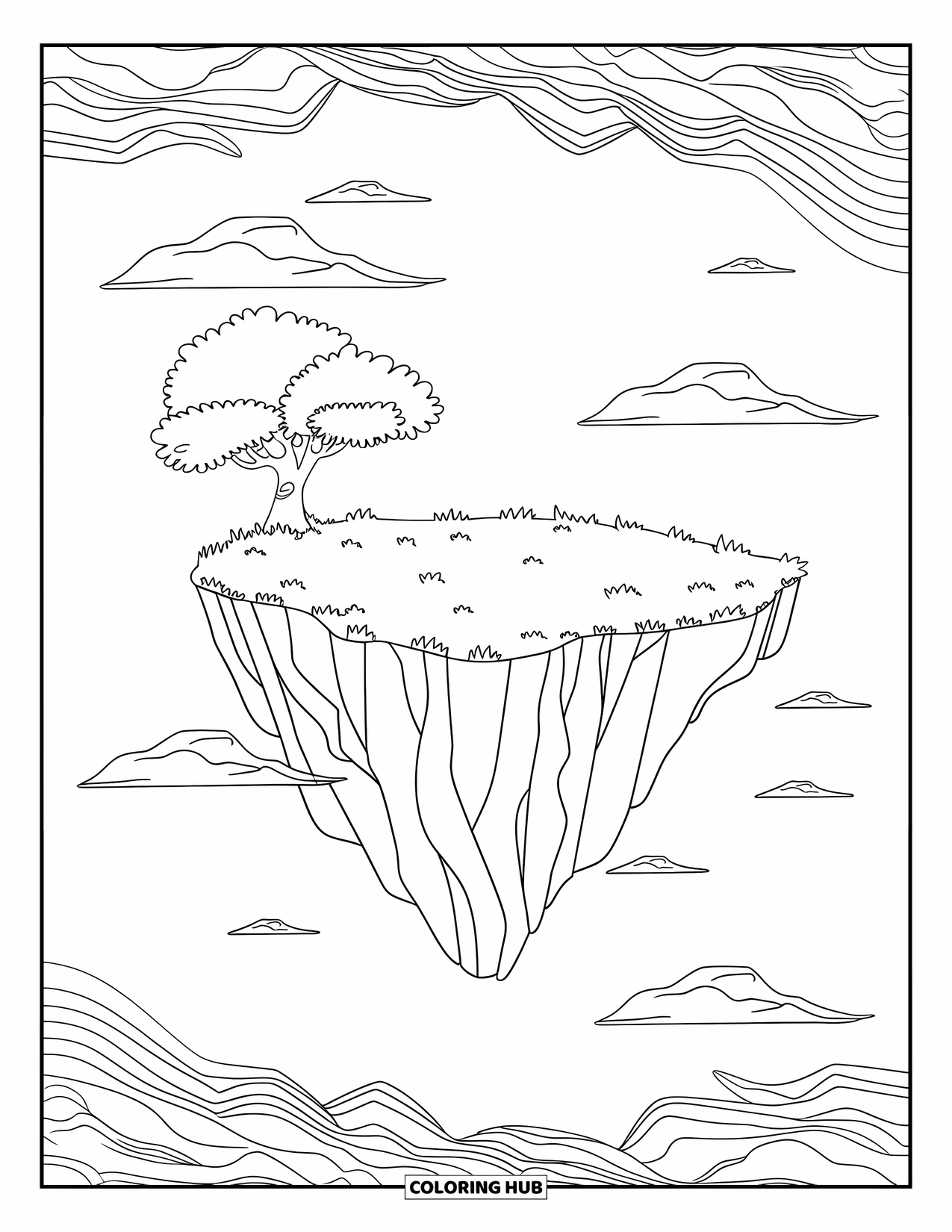 Trippy Stoner Coloring Page for Kids: A simple island with one tree and swirling outlines