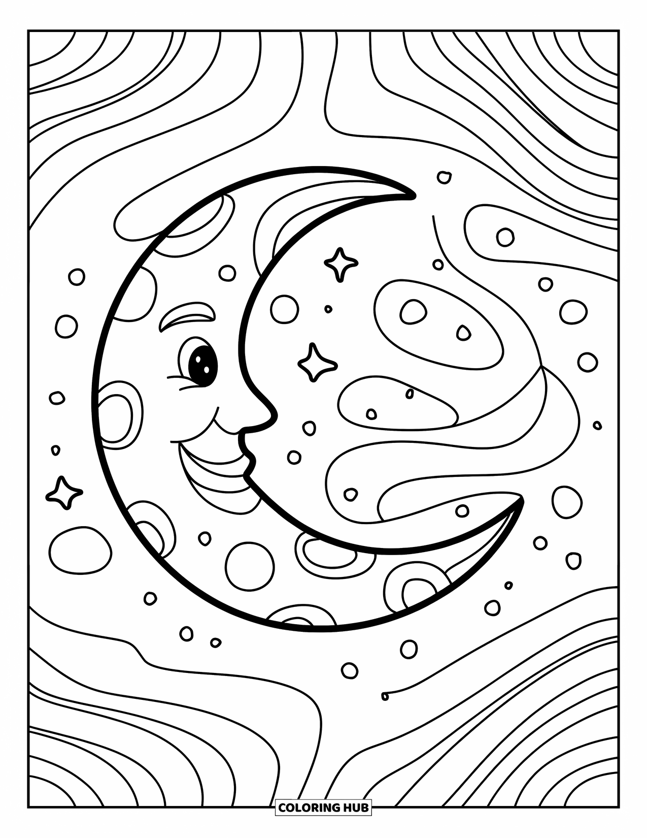 Trippy Stoner Coloring Page for Kids: A smiling moon framed by swirling playful patterns