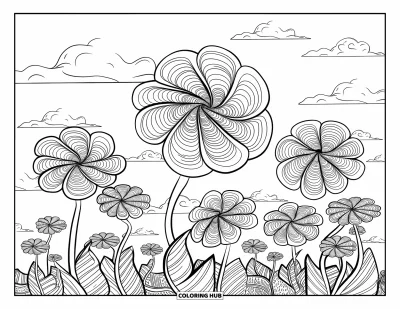 Psychedelische kleurplaat voor kinderen: Een spiraalbloemenveld onder een hemel vol wolken