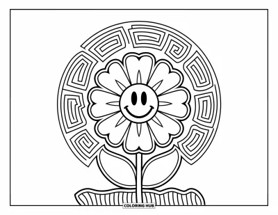 Psychedelische kleurplaat voor kinderen: Een spiraalomlijste bloem met een lachend gezicht in het midden