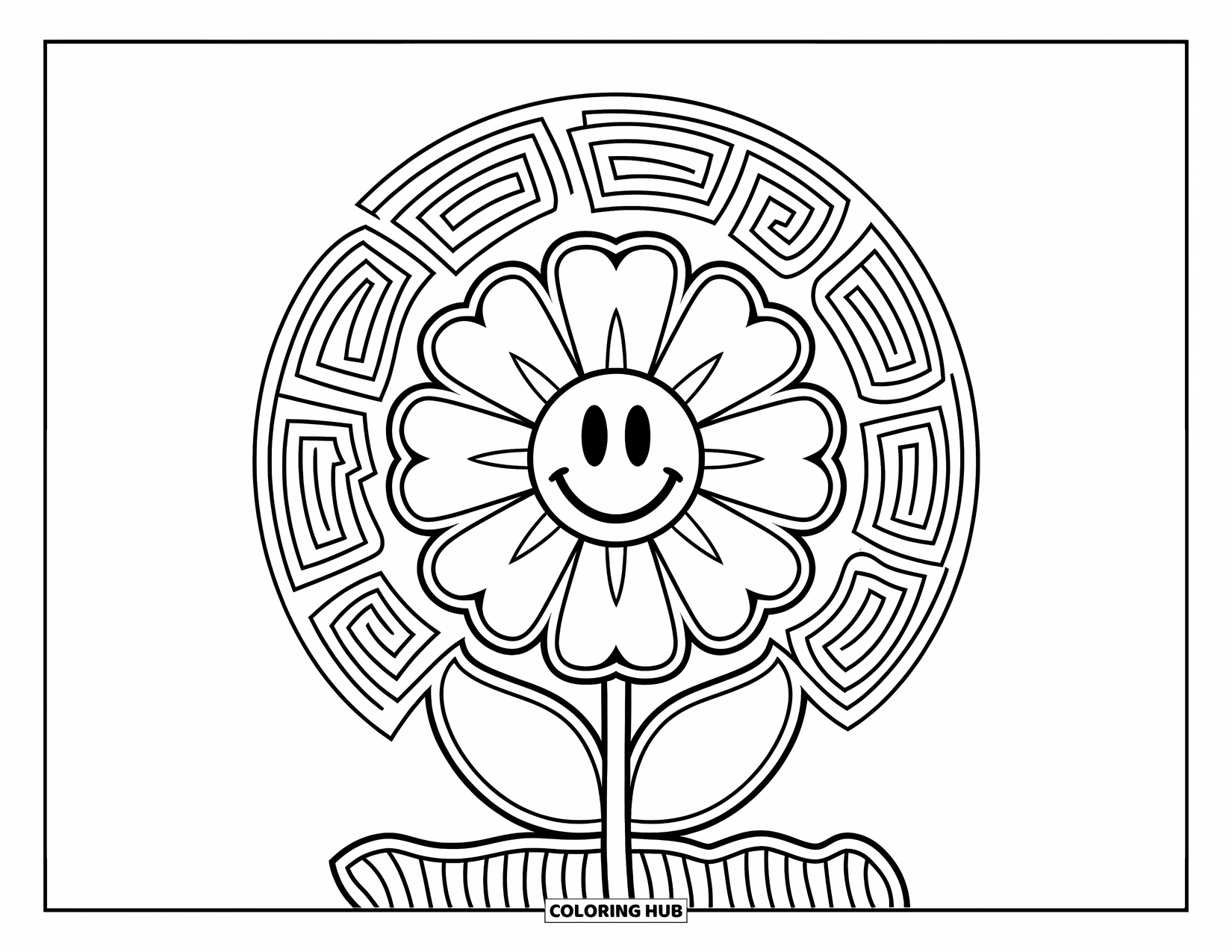 Trippy Stoner Coloring Page for Kids: A spiral-framed flower with a smiley face center