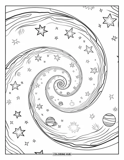 Psychedelische kleurplaat voor kinderen: Een spiraalpad slingert langs zwevende sterren en planeten