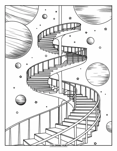 Psychedelische kleurplaat voor kinderen: Een spiraalvormige trap slingert omhoog langs zwevende planeten en sterren