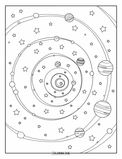 Psychedelische kleurplaat voor kinderen: Een draaiend pad van sterren en planeten cirkelt door de ruimte