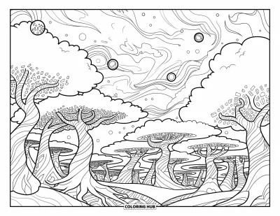 Psychedelische kleurplaat voor kinderen: Een tunnel van spiraalvormige bomen onder wervelende kosmische luchten