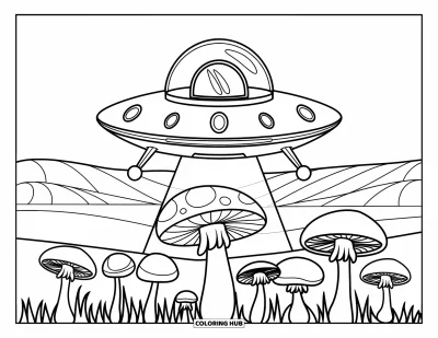 Psychedelische kleurplaat voor kinderen: Een UFO drijft boven pluizige paddenstoelen in een rustig veld