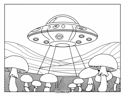 Psychedelische kleurplaat voor kinderen: Een UFO glijdt boven pluizige paddenstoelen in glooiende heuvels