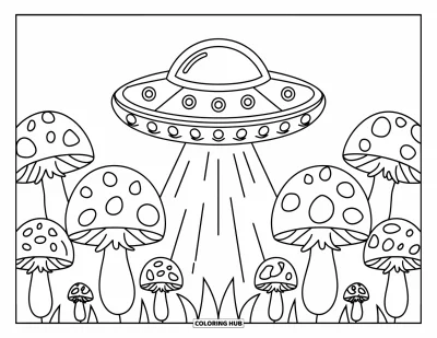 Psychedelische kleurplaat voor kinderen: Een UFO zweeft boven een veld van pluizige paddenstoelen