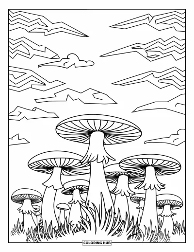 Psychedelische kleurplaat voor kinderen: Een fantasierijk paddenstoelenbosse met zigzagluchten erboven
