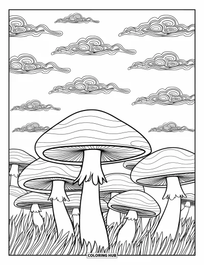 Psychedelische kleurplaat voor kinderen: Paddenstoelen met spiraaltoppen groeien onder zigzagwolken