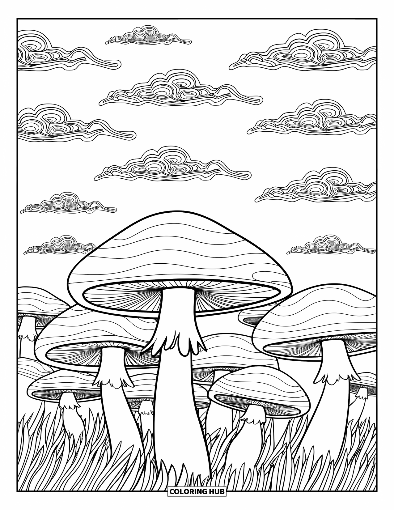 Trippy Stoner Coloring Page for Kids: Mushrooms with spiral tops grow beneath zigzag clouds