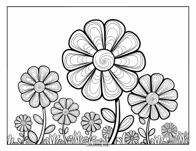 Psychedelische kleurplaat voor kinderen: Spiraalvormige bloemen bloeien met vrolijke, wervelende details