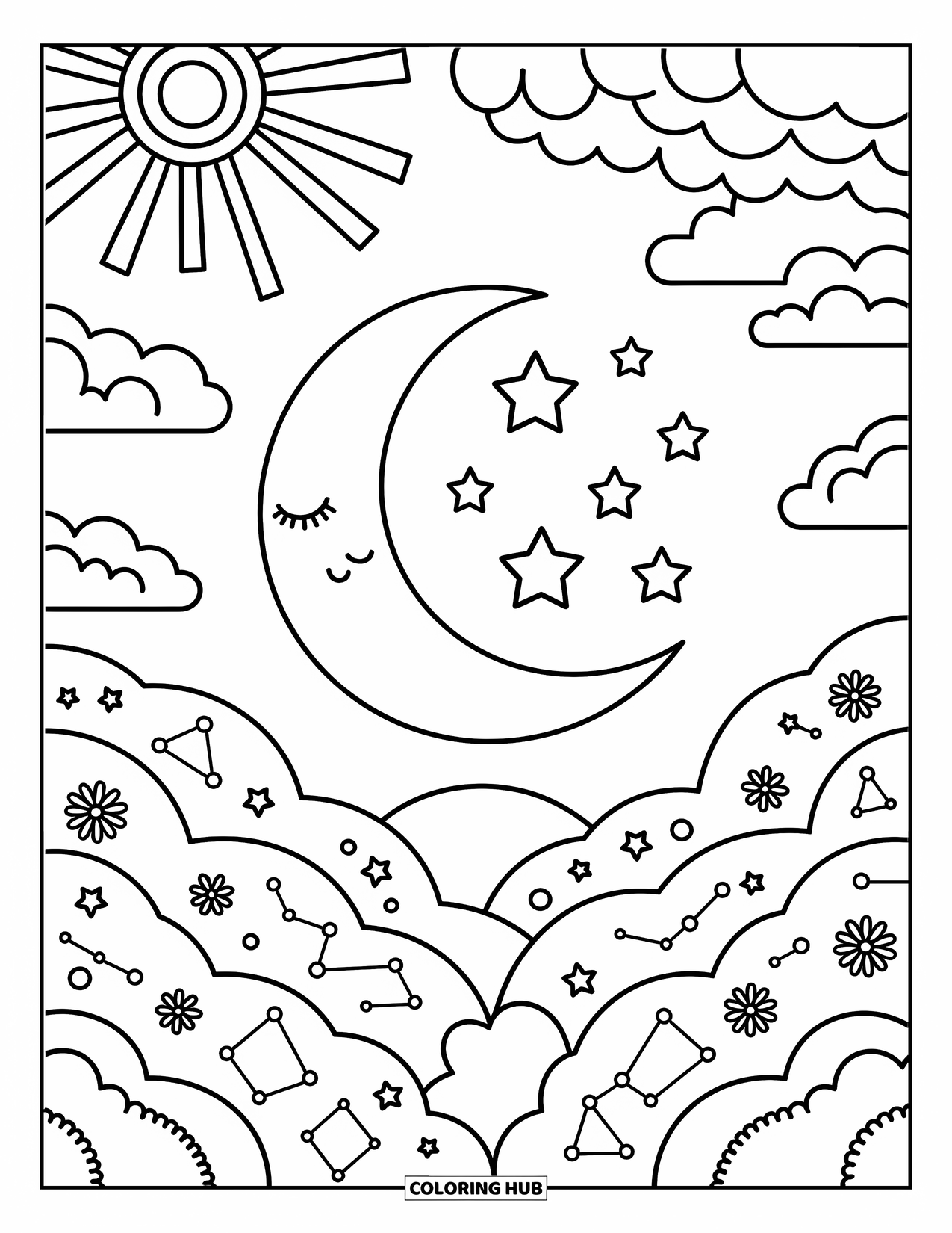 Trippy Sun And Moon Coloring Page for Adults: A crescent moon with stars beneath a radiant sun canopy and floral waves