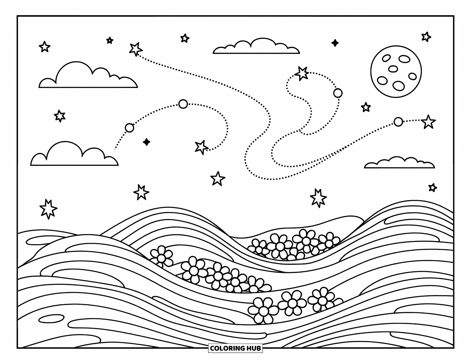 Trippy Sun And Moon Coloring Page for Adults: A dreamy scene with a moon in clouds and a sun in flower waves