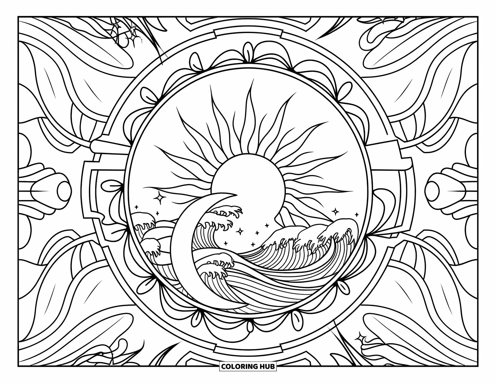 Trippy Sun And Moon Coloring Page for Adults: A flaming sun and wavy moon circle ringed by leaves and patterns