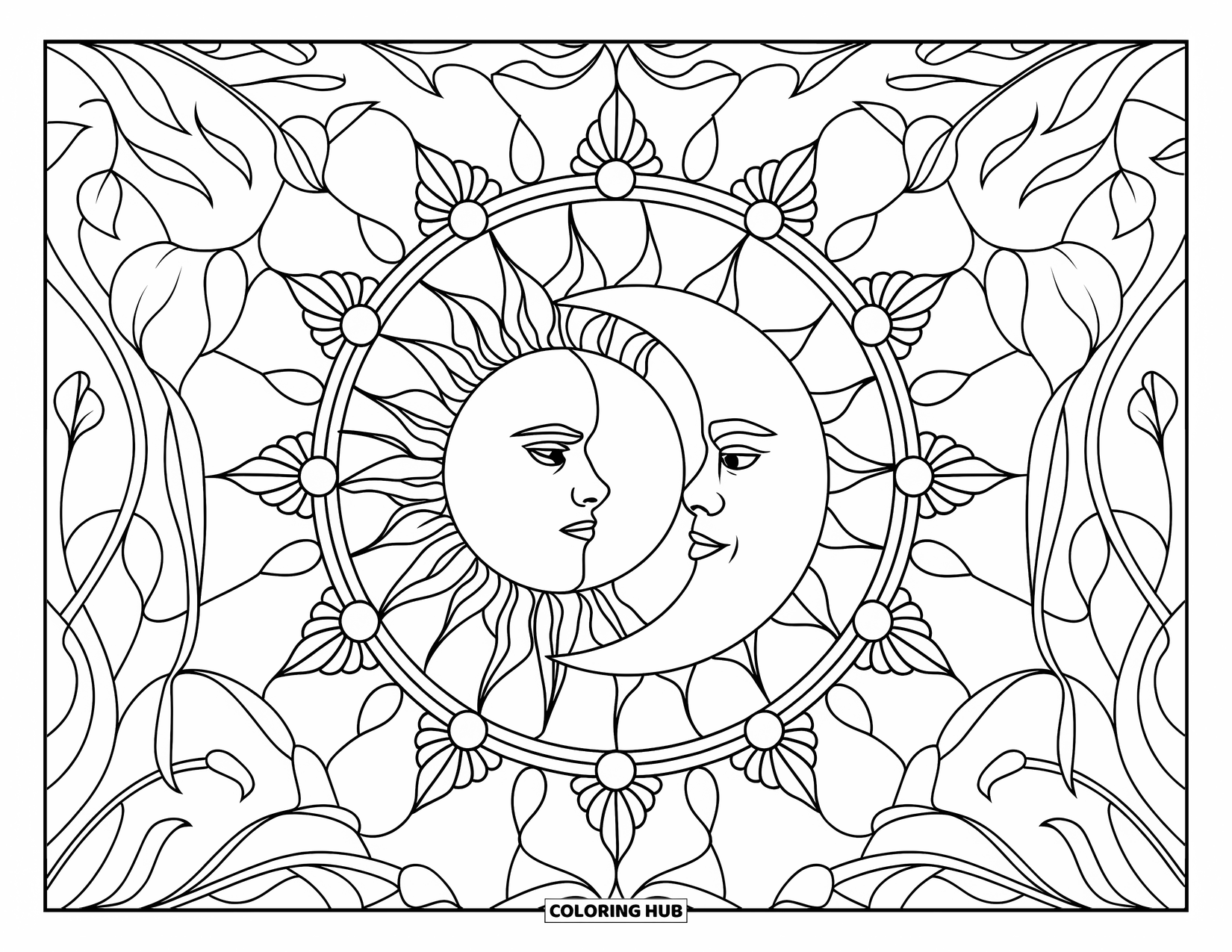Trippy Sun And Moon Coloring Page for Adults: A floral stained glass halo frames the sun and moon with vines