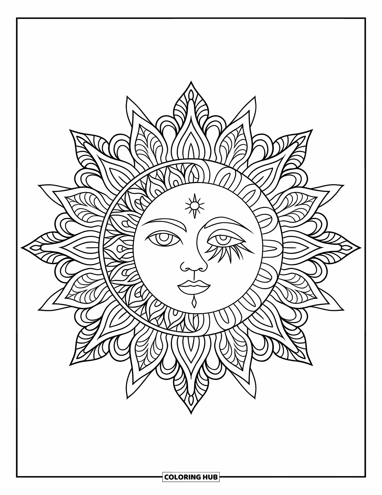 Trippy Sun And Moon Coloring Page for Adults: A half sun, half moon face surrounded by a detailed floral mandala