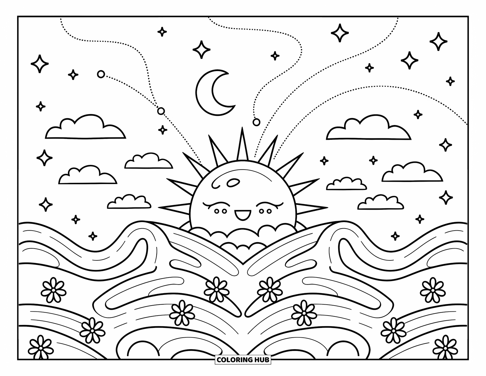 Trippy Sun And Moon Coloring Page for Adults: A moon in clouds with a sun setting into flower-lined waves and stars